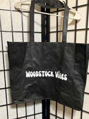 WOODSTOCK VIBES Black Graphic Tote Bag, generously sized, reusable, shopping bag